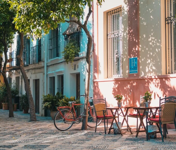 two brown table outside in the summer weather.